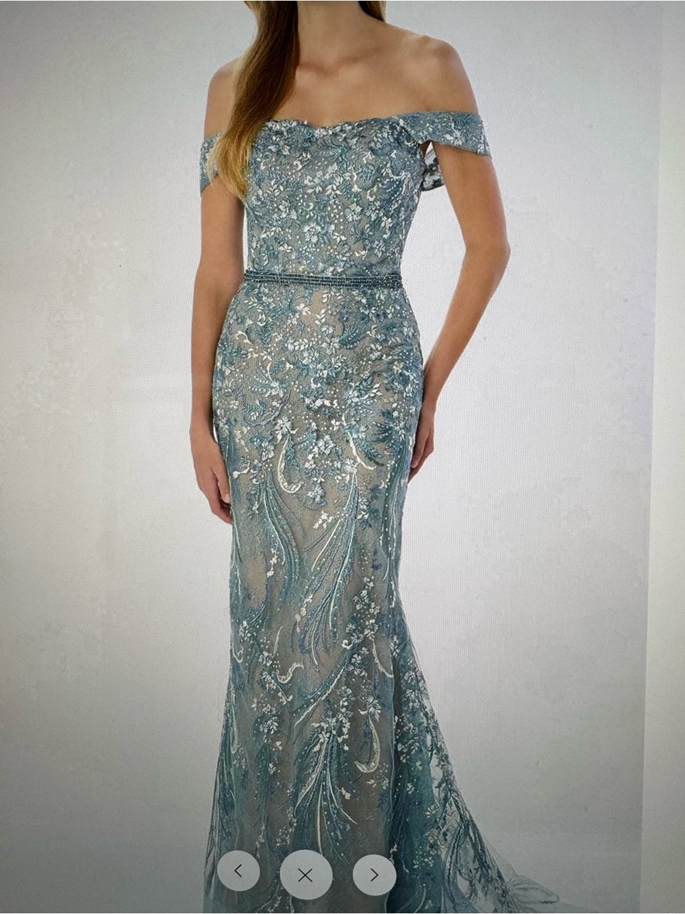 Mon Cheri Off-Shoulder Embroidered Gown in Seafoam